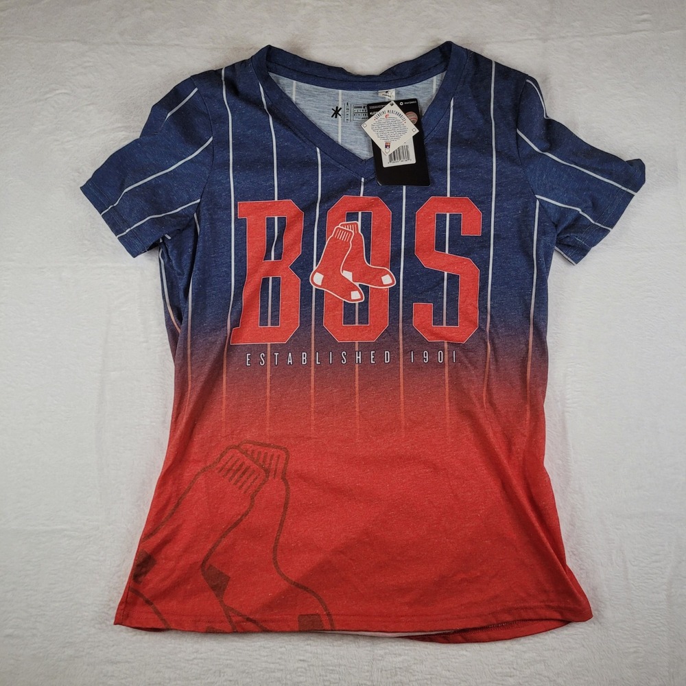Klew MLB Boston Red Sox Womens V-Neck Ombre Pinstripe T-Shirt Large New